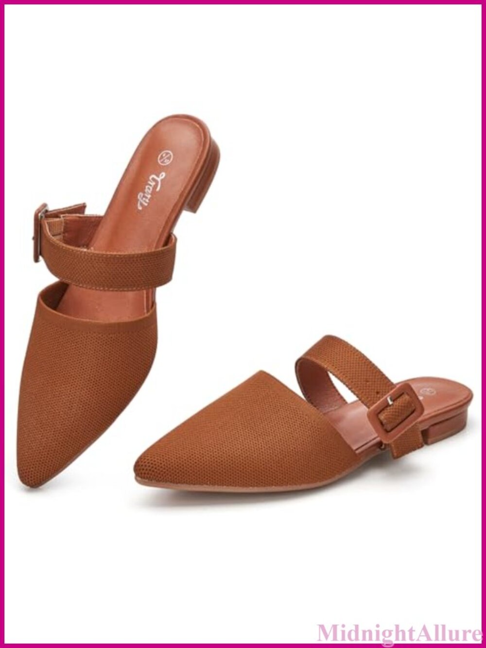 Pointed Toe Knit Mules Adjustable Strap Memory Foam Comfort Flat